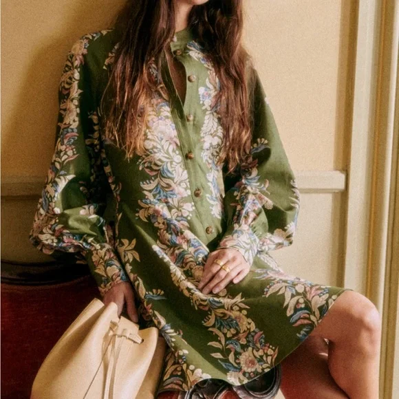 SÉZANE Caprice Dress in Olive Green Floral Border sz US 8 / FR 40 NWOT - Picture 1 of 13